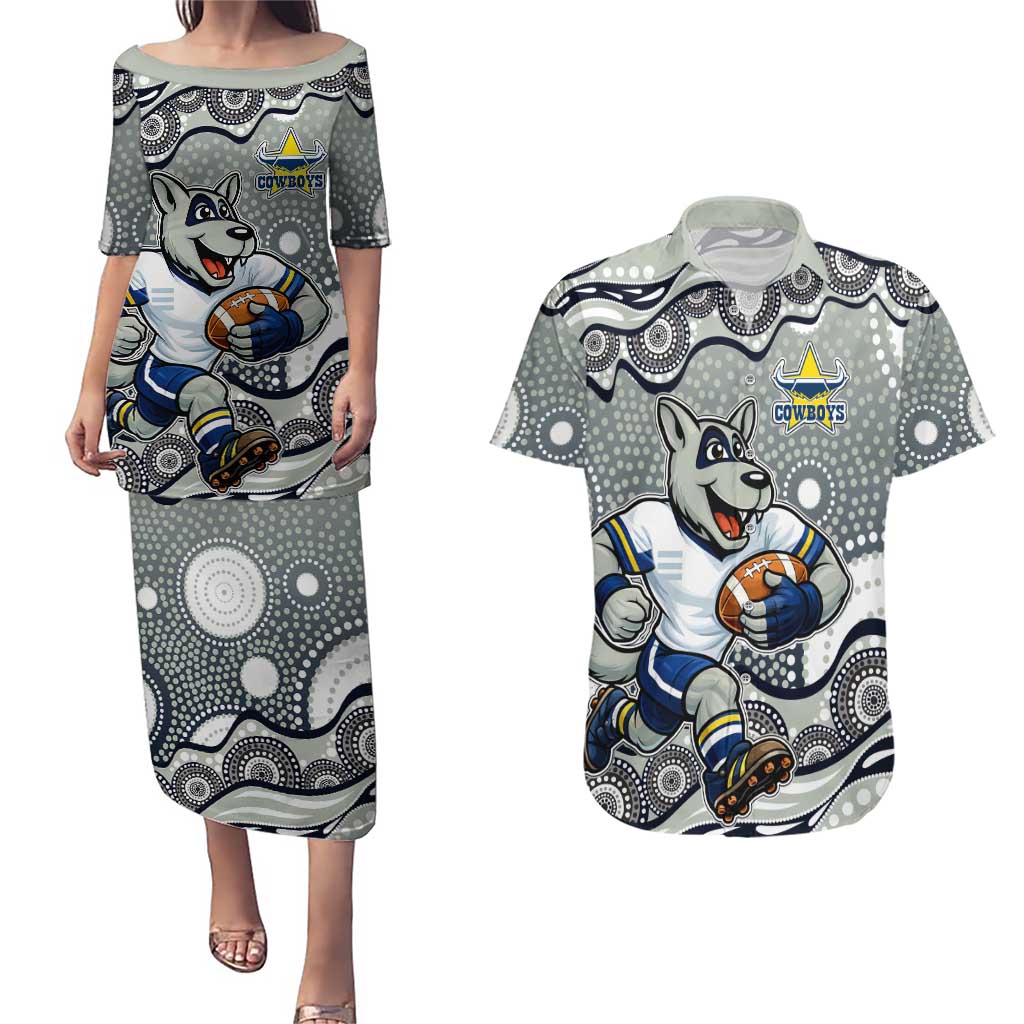 North Queensland Cowboys Couples Matching Puletasi and Hawaiian Shirt Aboriginal Dot Pattern - Rugby Mascot Heritage Pride