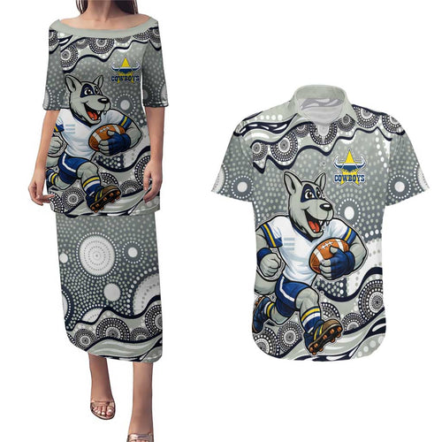 North Queensland Cowboys Couples Matching Puletasi and Hawaiian Shirt Aboriginal Dot Pattern - Rugby Mascot Heritage Pride