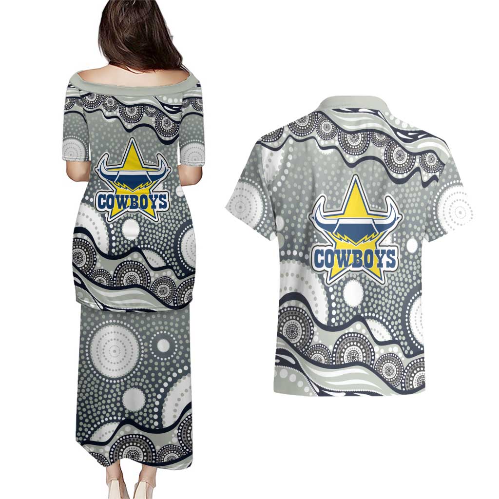 North Queensland Cowboys Couples Matching Puletasi and Hawaiian Shirt Aboriginal Dot Pattern - Rugby Mascot Heritage Pride