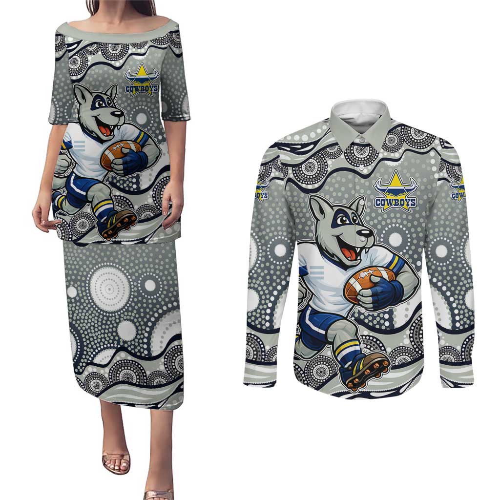 North Queensland Cowboys Couples Matching Puletasi and Long Sleeve Button Shirt Aboriginal Dot Pattern - Rugby Mascot Heritage Pride
