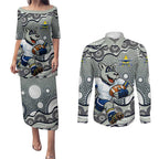 North Queensland Cowboys Couples Matching Puletasi and Long Sleeve Button Shirt Aboriginal Dot Pattern - Rugby Mascot Heritage Pride