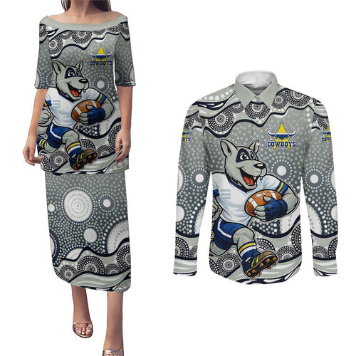 North Queensland Cowboys Couples Matching Puletasi and Long Sleeve Button Shirt Aboriginal Dot Pattern - Rugby Mascot Heritage Pride