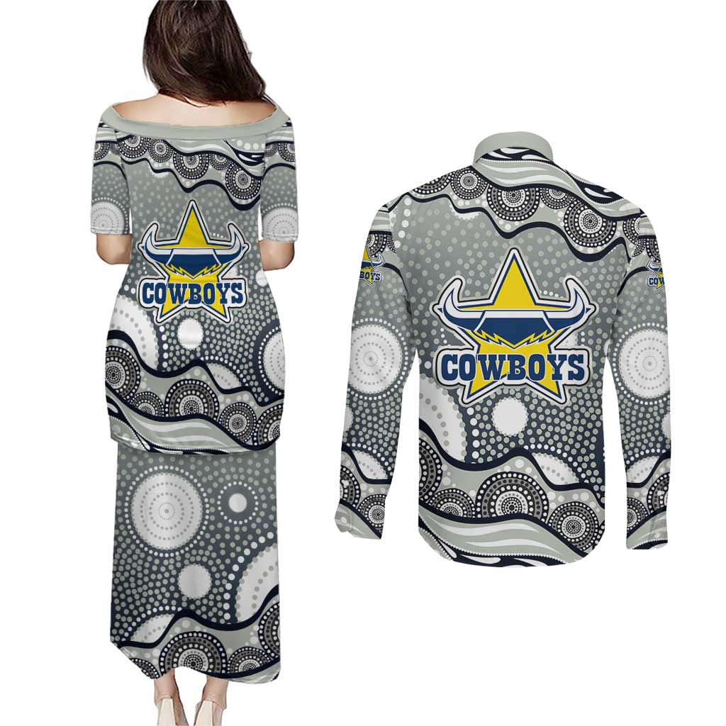 North Queensland Cowboys Couples Matching Puletasi and Long Sleeve Button Shirt Aboriginal Dot Pattern - Rugby Mascot Heritage Pride