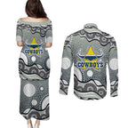 North Queensland Cowboys Couples Matching Puletasi and Long Sleeve Button Shirt Aboriginal Dot Pattern - Rugby Mascot Heritage Pride