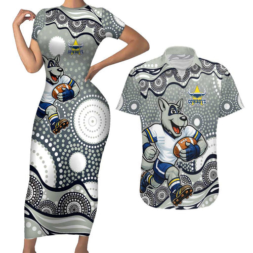 North Queensland Cowboys Couples Matching Short Sleeve Bodycon Dress and Hawaiian Shirt Aboriginal Dot Pattern - Rugby Mascot Heritage Pride
