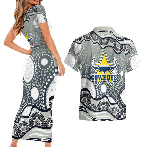 North Queensland Cowboys Couples Matching Short Sleeve Bodycon Dress and Hawaiian Shirt Aboriginal Dot Pattern - Rugby Mascot Heritage Pride