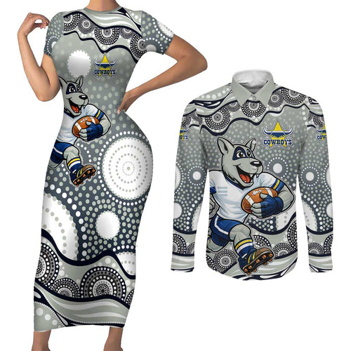 North Queensland Cowboys Couples Matching Short Sleeve Bodycon Dress and Long Sleeve Button Shirt Aboriginal Dot Pattern - Rugby Mascot Heritage Pride