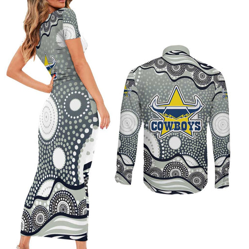 North Queensland Cowboys Couples Matching Short Sleeve Bodycon Dress and Long Sleeve Button Shirt Aboriginal Dot Pattern - Rugby Mascot Heritage Pride