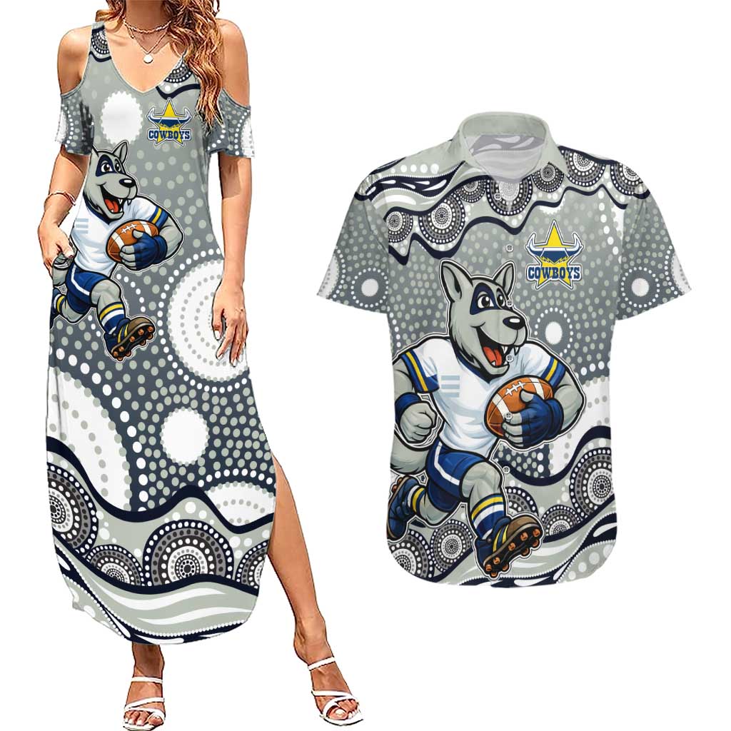 North Queensland Cowboys Couples Matching Summer Maxi Dress and Hawaiian Shirt Aboriginal Dot Pattern - Rugby Mascot Heritage Pride