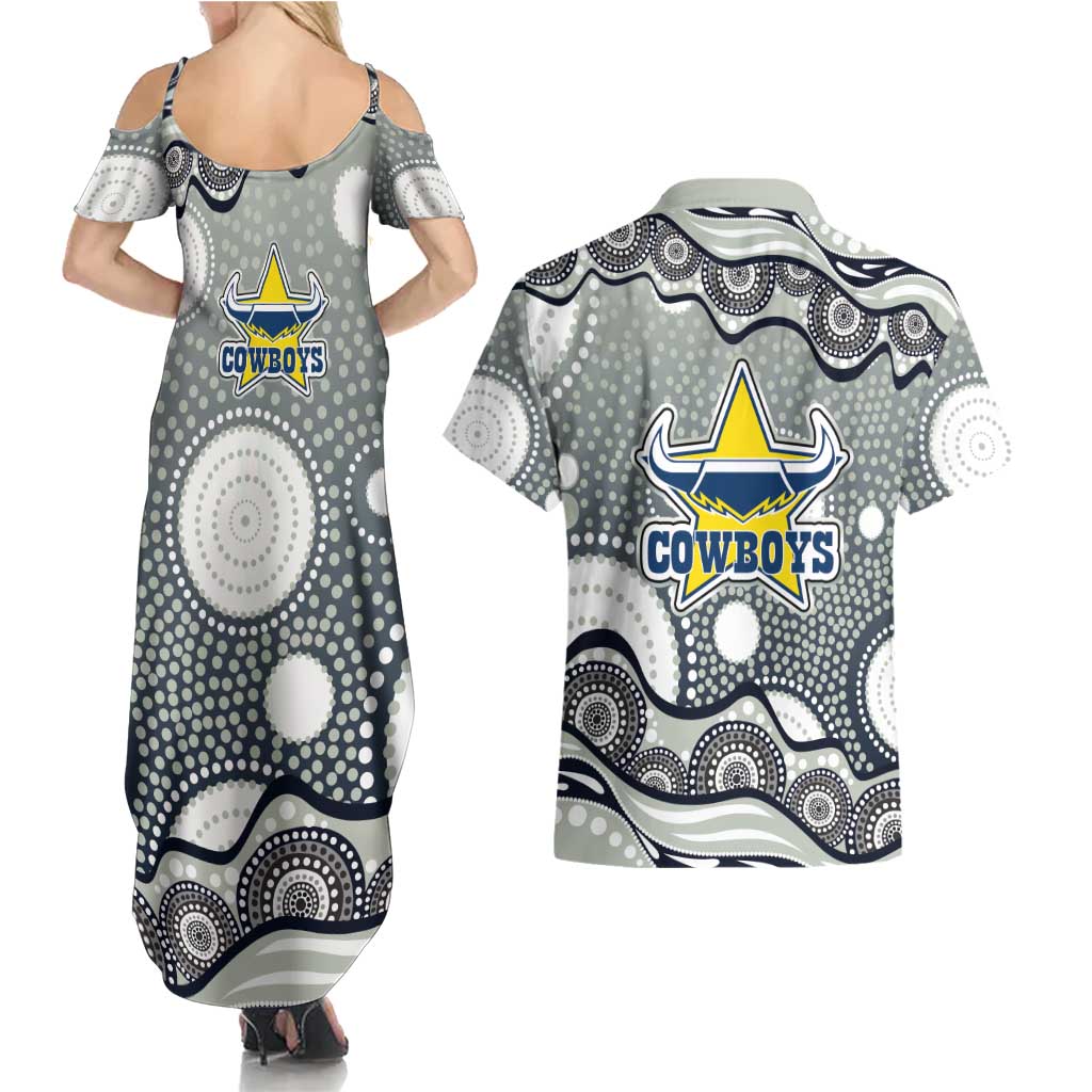 North Queensland Cowboys Couples Matching Summer Maxi Dress and Hawaiian Shirt Aboriginal Dot Pattern - Rugby Mascot Heritage Pride