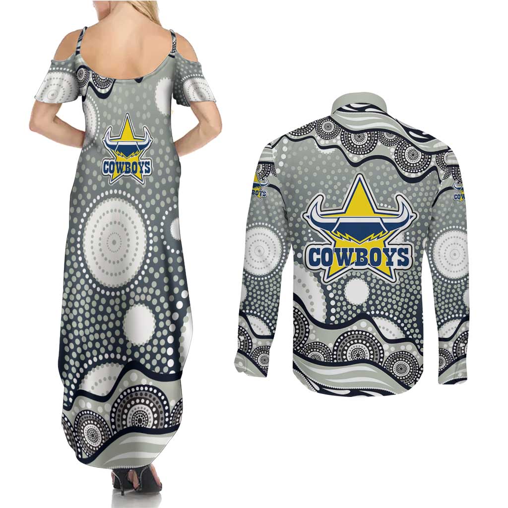North Queensland Cowboys Couples Matching Summer Maxi Dress and Long Sleeve Button Shirt Aboriginal Dot Pattern - Rugby Mascot Heritage Pride