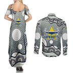 North Queensland Cowboys Couples Matching Summer Maxi Dress and Long Sleeve Button Shirt Aboriginal Dot Pattern - Rugby Mascot Heritage Pride
