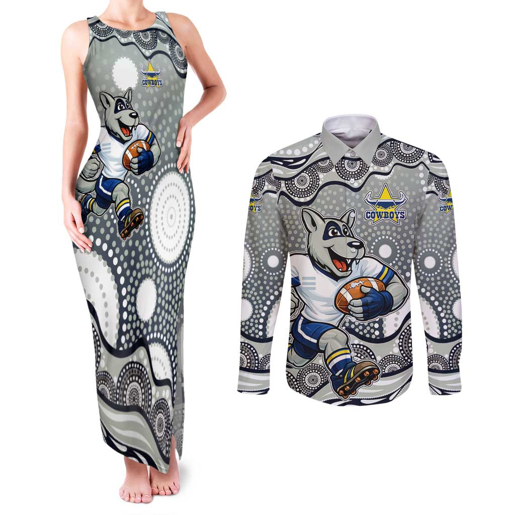 North Queensland Cowboys Couples Matching Tank Maxi Dress and Long Sleeve Button Shirt Aboriginal Dot Pattern - Rugby Mascot Heritage Pride