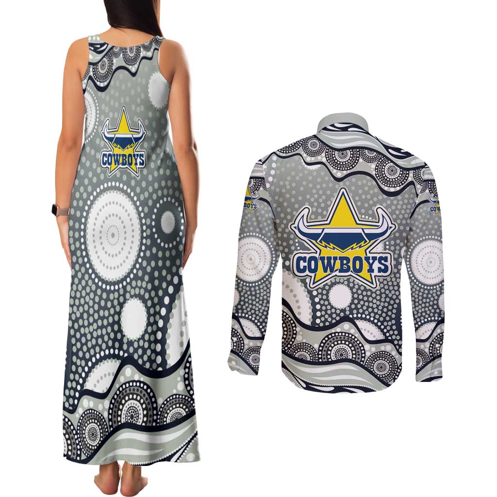 North Queensland Cowboys Couples Matching Tank Maxi Dress and Long Sleeve Button Shirt Aboriginal Dot Pattern - Rugby Mascot Heritage Pride