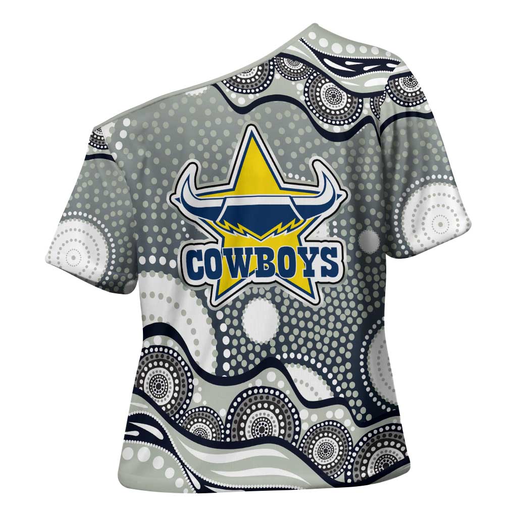 North Queensland Cowboys Cross Shoulder Shirt Aboriginal Dot Pattern - Rugby Mascot Heritage Pride