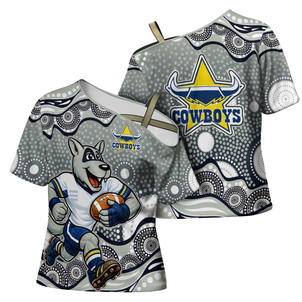 North Queensland Cowboys Cross Shoulder Shirt Aboriginal Dot Pattern - Rugby Mascot Heritage Pride