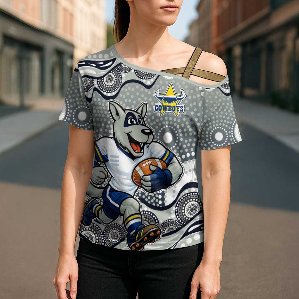 North Queensland Cowboys Cross Shoulder Shirt Aboriginal Dot Pattern - Rugby Mascot Heritage Pride
