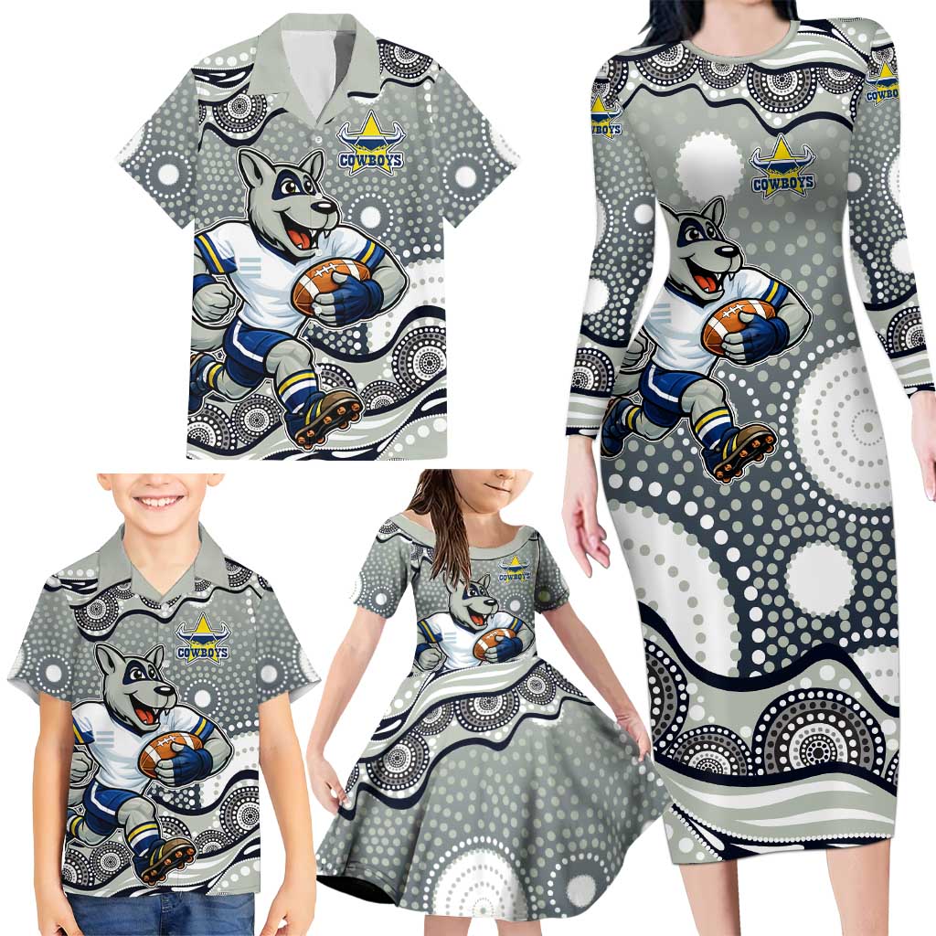 North Queensland Cowboys Family Matching Long Sleeve Bodycon Dress and Hawaiian Shirt Aboriginal Dot Pattern - Rugby Mascot Heritage Pride