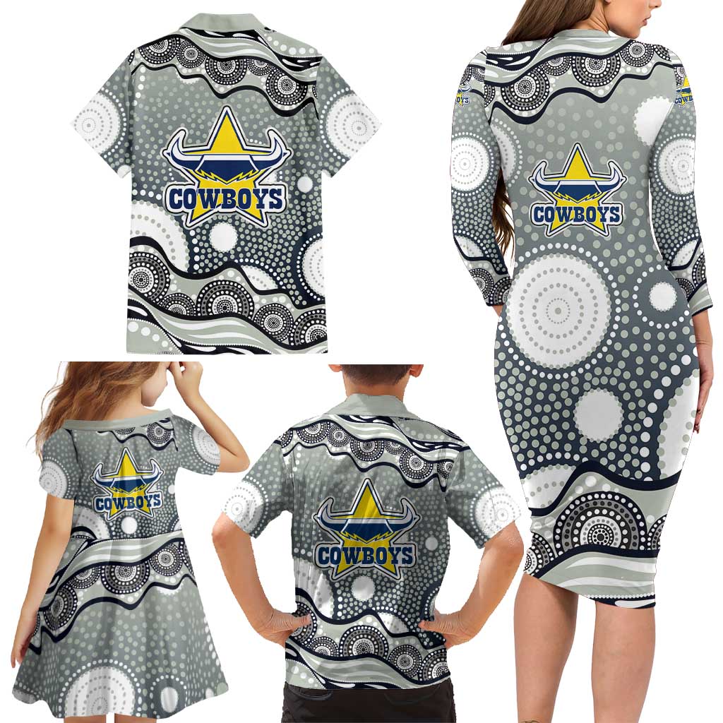 North Queensland Cowboys Family Matching Long Sleeve Bodycon Dress and Hawaiian Shirt Aboriginal Dot Pattern - Rugby Mascot Heritage Pride
