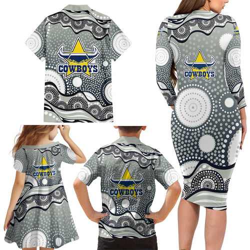 North Queensland Cowboys Family Matching Long Sleeve Bodycon Dress and Hawaiian Shirt Aboriginal Dot Pattern - Rugby Mascot Heritage Pride