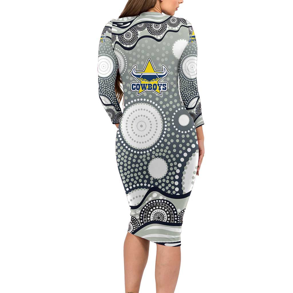 North Queensland Cowboys Family Matching Long Sleeve Bodycon Dress and Hawaiian Shirt Aboriginal Dot Pattern - Rugby Mascot Heritage Pride