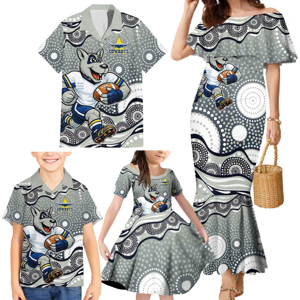 North Queensland Cowboys Family Matching Mermaid Dress and Hawaiian Shirt Aboriginal Dot Pattern - Rugby Mascot Heritage Pride