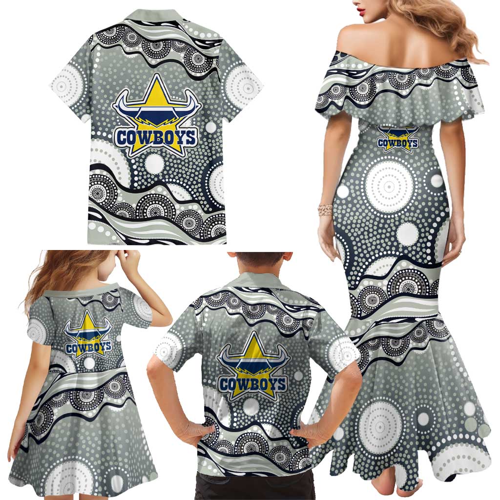 North Queensland Cowboys Family Matching Mermaid Dress and Hawaiian Shirt Aboriginal Dot Pattern - Rugby Mascot Heritage Pride