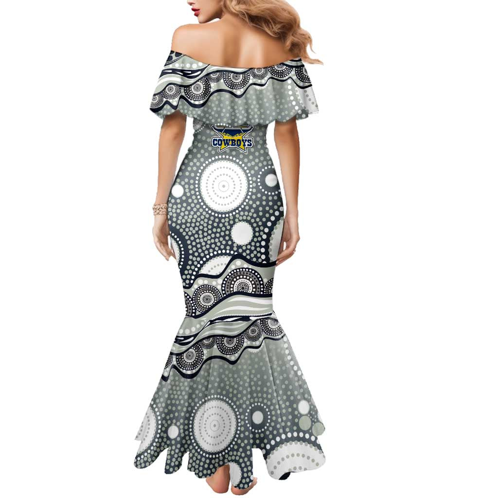 North Queensland Cowboys Family Matching Mermaid Dress and Hawaiian Shirt Aboriginal Dot Pattern - Rugby Mascot Heritage Pride