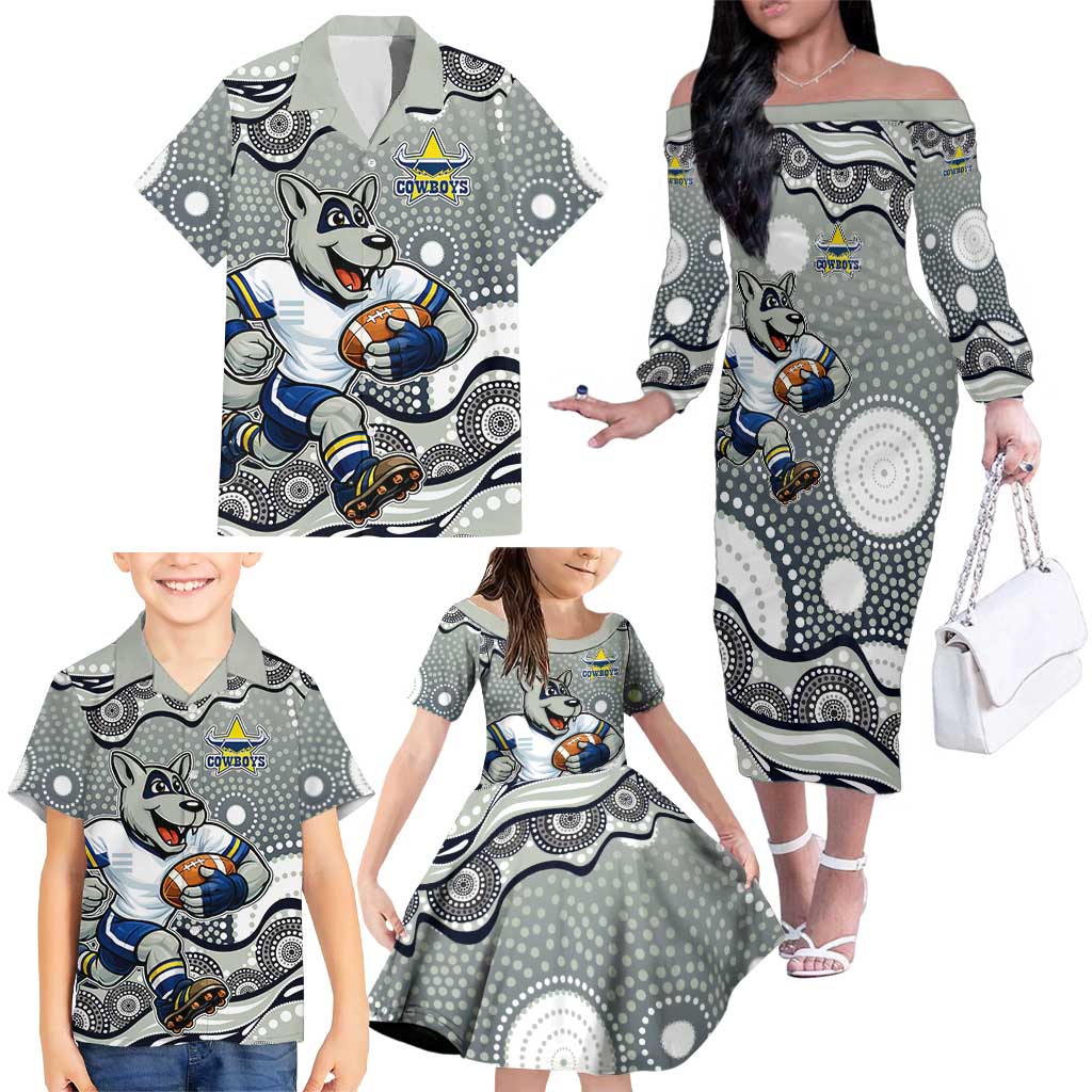 North Queensland Cowboys Family Matching Off The Shoulder Long Sleeve Dress and Hawaiian Shirt Aboriginal Dot Pattern - Rugby Mascot Heritage Pride