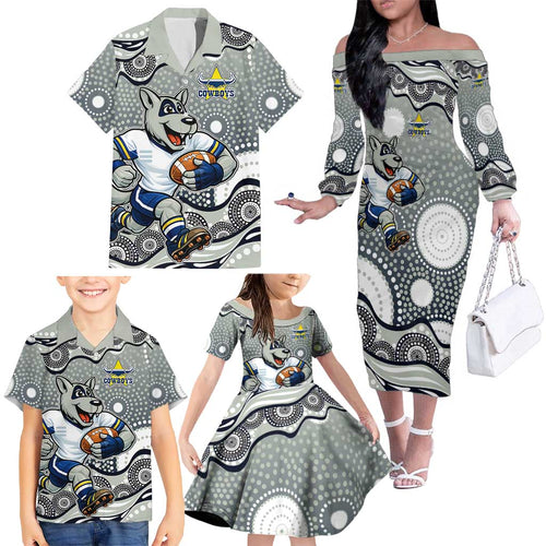 North Queensland Cowboys Family Matching Off The Shoulder Long Sleeve Dress and Hawaiian Shirt Aboriginal Dot Pattern - Rugby Mascot Heritage Pride