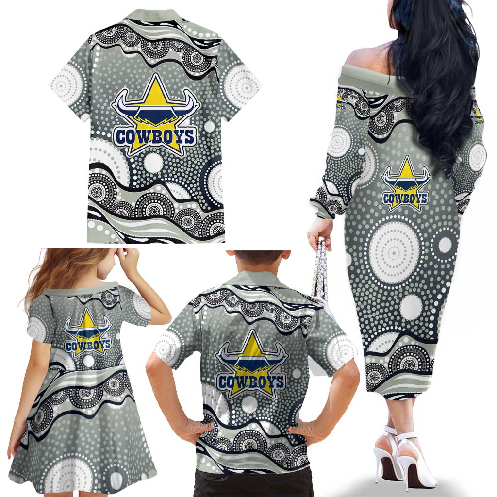 North Queensland Cowboys Family Matching Off The Shoulder Long Sleeve Dress and Hawaiian Shirt Aboriginal Dot Pattern - Rugby Mascot Heritage Pride