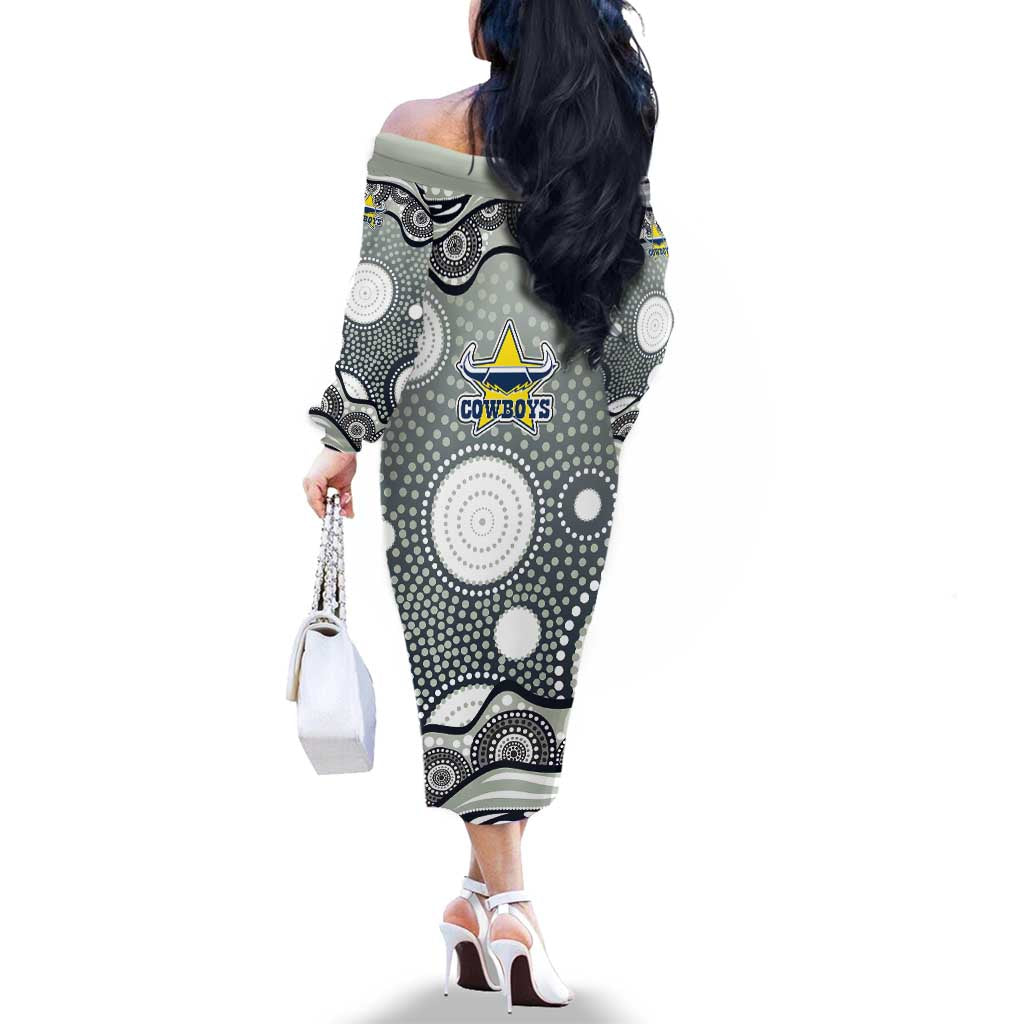 North Queensland Cowboys Family Matching Off The Shoulder Long Sleeve Dress and Hawaiian Shirt Aboriginal Dot Pattern - Rugby Mascot Heritage Pride
