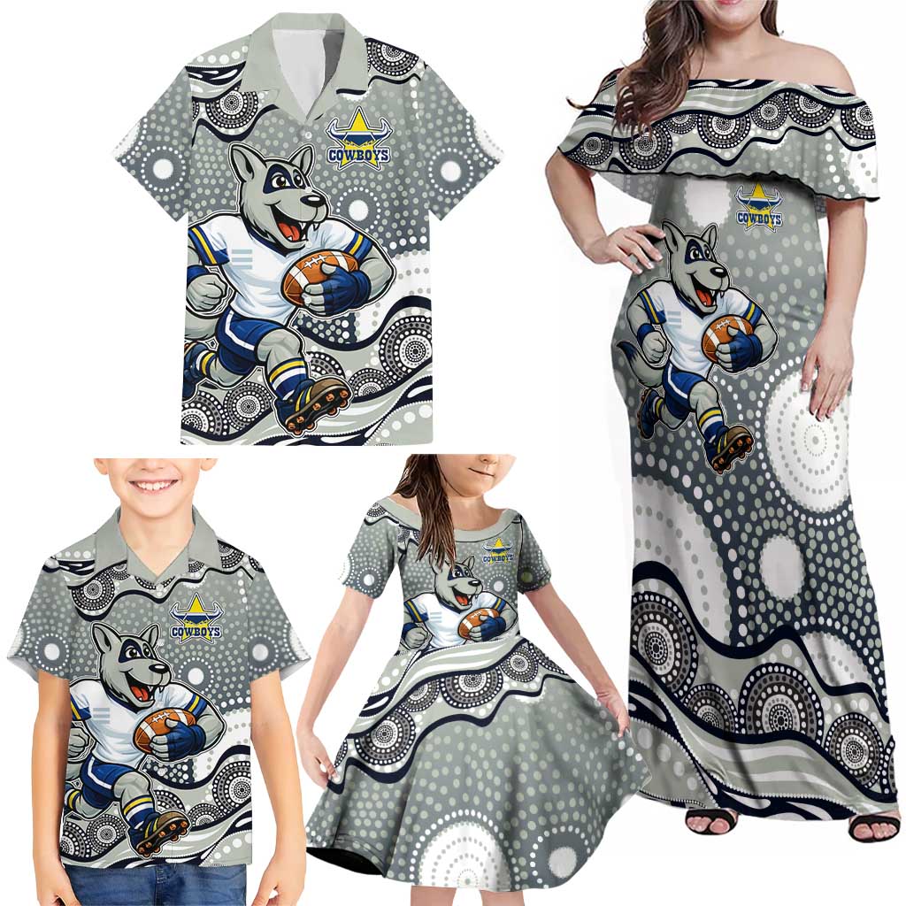 North Queensland Cowboys Family Matching Off Shoulder Maxi Dress and Hawaiian Shirt Aboriginal Dot Pattern - Rugby Mascot Heritage Pride