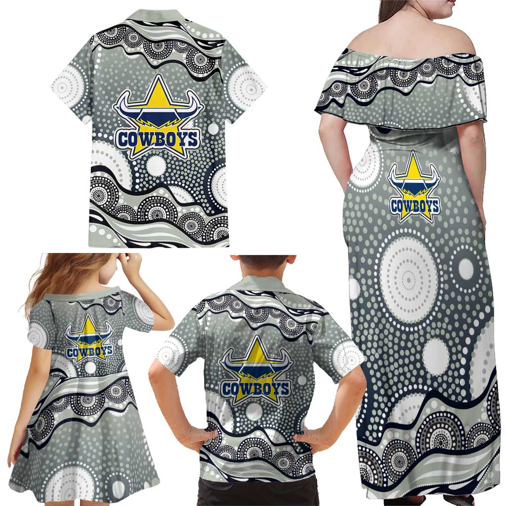 North Queensland Cowboys Family Matching Off Shoulder Maxi Dress and Hawaiian Shirt Aboriginal Dot Pattern - Rugby Mascot Heritage Pride