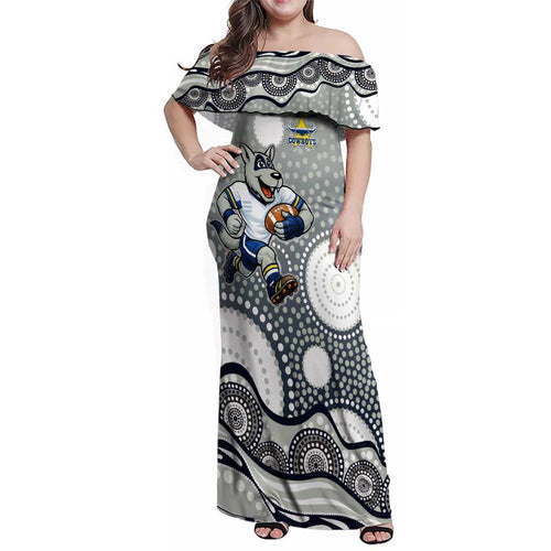 North Queensland Cowboys Family Matching Off Shoulder Maxi Dress and Hawaiian Shirt Aboriginal Dot Pattern - Rugby Mascot Heritage Pride