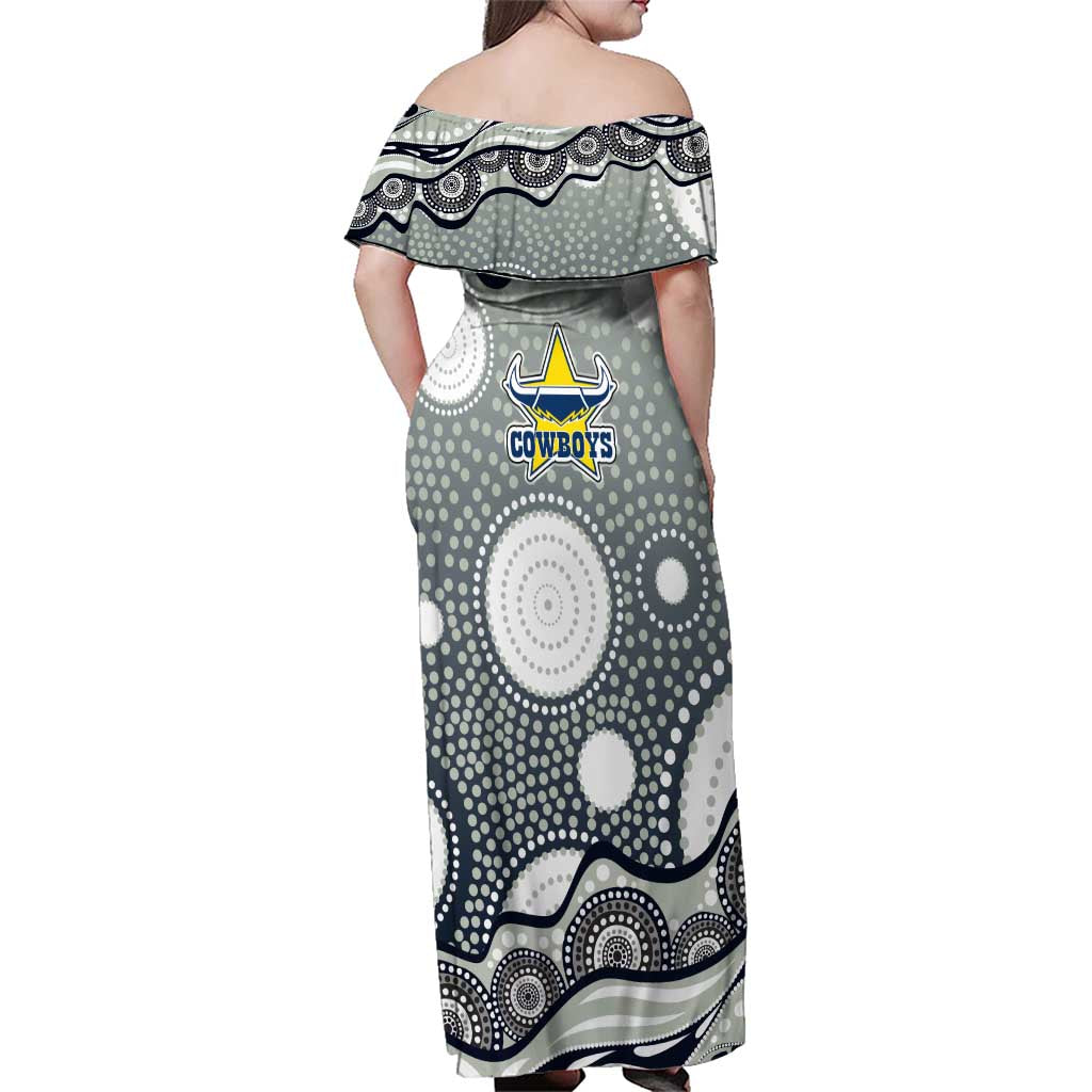 North Queensland Cowboys Family Matching Off Shoulder Maxi Dress and Hawaiian Shirt Aboriginal Dot Pattern - Rugby Mascot Heritage Pride