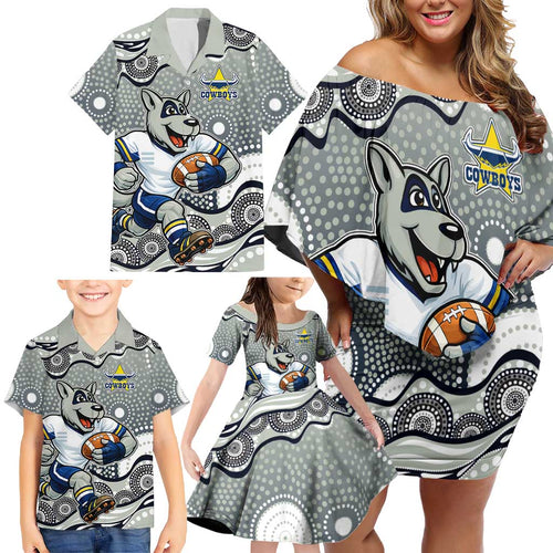 North Queensland Cowboys Family Matching Off Shoulder Short Dress and Hawaiian Shirt Aboriginal Dot Pattern - Rugby Mascot Heritage Pride