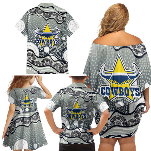 North Queensland Cowboys Family Matching Off Shoulder Short Dress and Hawaiian Shirt Aboriginal Dot Pattern - Rugby Mascot Heritage Pride