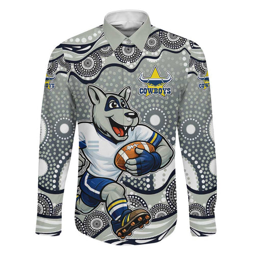 North Queensland Cowboys Family Matching Off Shoulder Short Dress and Hawaiian Shirt Aboriginal Dot Pattern - Rugby Mascot Heritage Pride