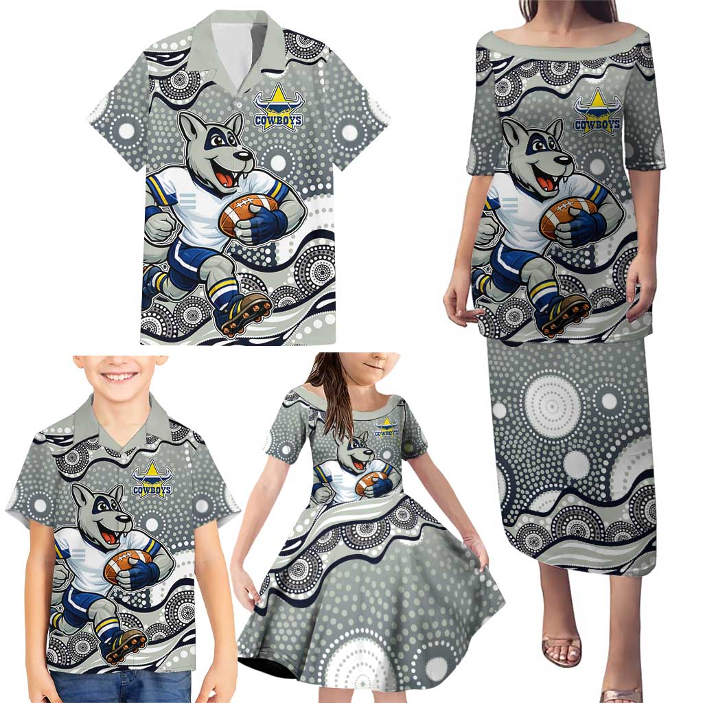 North Queensland Cowboys Family Matching Puletasi and Hawaiian Shirt Aboriginal Dot Pattern - Rugby Mascot Heritage Pride