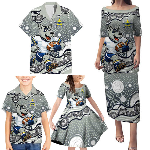 North Queensland Cowboys Family Matching Puletasi and Hawaiian Shirt Aboriginal Dot Pattern - Rugby Mascot Heritage Pride