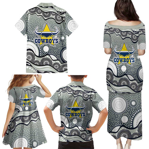 North Queensland Cowboys Family Matching Puletasi and Hawaiian Shirt Aboriginal Dot Pattern - Rugby Mascot Heritage Pride