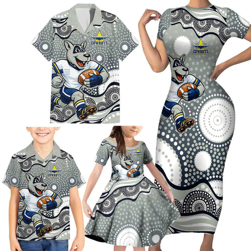 North Queensland Cowboys Family Matching Short Sleeve Bodycon Dress and Hawaiian Shirt Aboriginal Dot Pattern - Rugby Mascot Heritage Pride