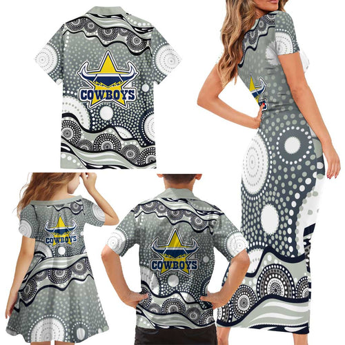North Queensland Cowboys Family Matching Short Sleeve Bodycon Dress and Hawaiian Shirt Aboriginal Dot Pattern - Rugby Mascot Heritage Pride
