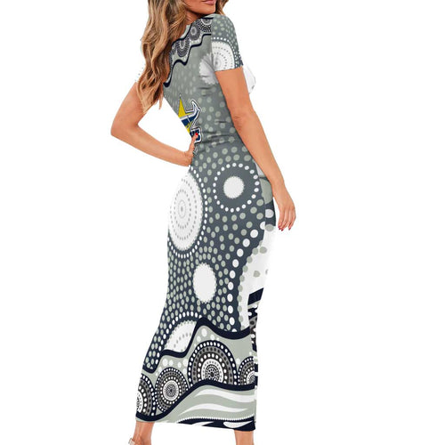 North Queensland Cowboys Family Matching Short Sleeve Bodycon Dress and Hawaiian Shirt Aboriginal Dot Pattern - Rugby Mascot Heritage Pride