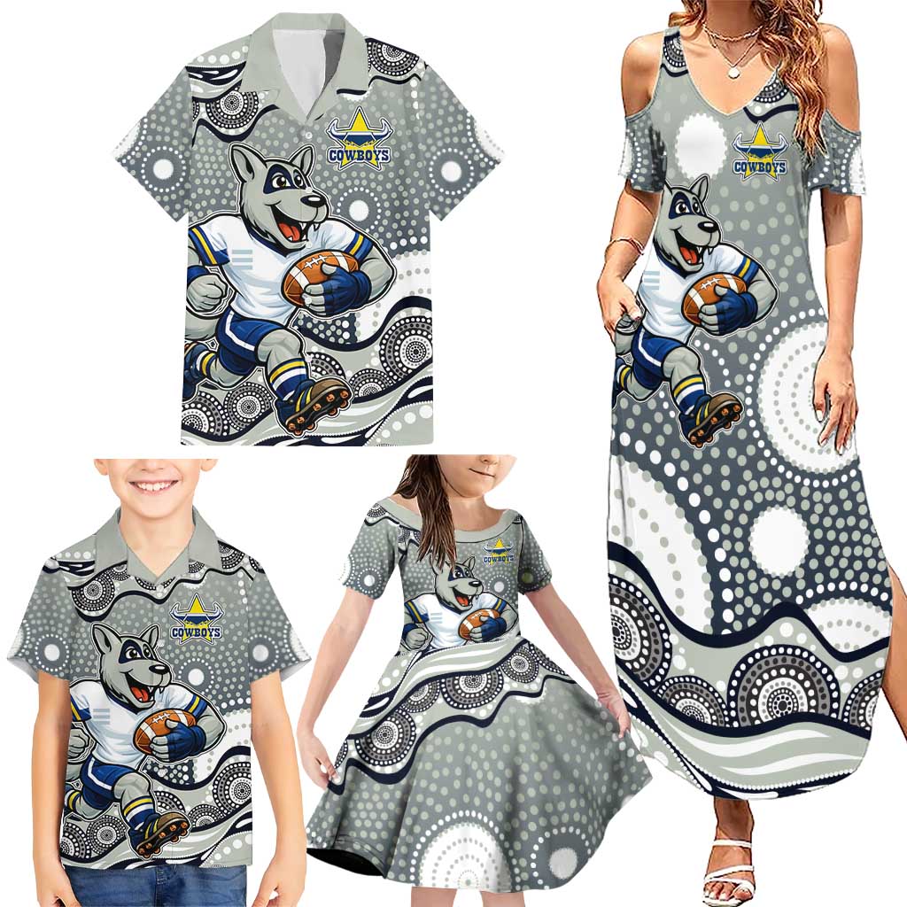 North Queensland Cowboys Family Matching Summer Maxi Dress and Hawaiian Shirt Aboriginal Dot Pattern - Rugby Mascot Heritage Pride