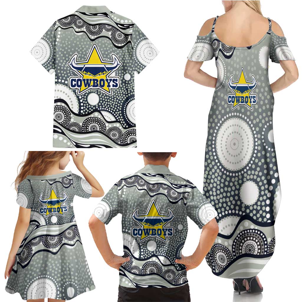 North Queensland Cowboys Family Matching Summer Maxi Dress and Hawaiian Shirt Aboriginal Dot Pattern - Rugby Mascot Heritage Pride