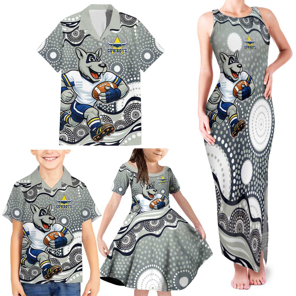 North Queensland Cowboys Family Matching Tank Maxi Dress and Hawaiian Shirt Aboriginal Dot Pattern - Rugby Mascot Heritage Pride