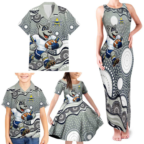 North Queensland Cowboys Family Matching Tank Maxi Dress and Hawaiian Shirt Aboriginal Dot Pattern - Rugby Mascot Heritage Pride