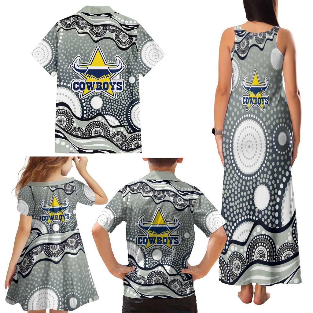 North Queensland Cowboys Family Matching Tank Maxi Dress and Hawaiian Shirt Aboriginal Dot Pattern - Rugby Mascot Heritage Pride